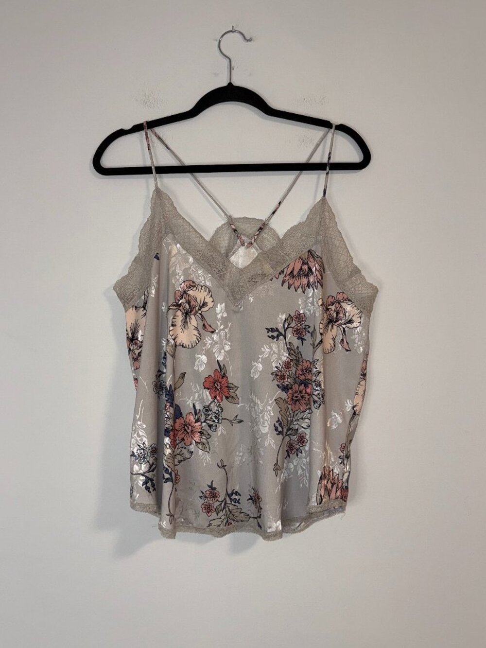 Lovestitch Satin Floral Lace Trim Spaghetti Strap Camisole Slip Top Sz L